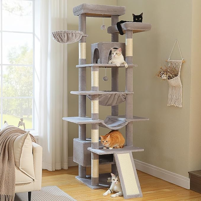 81 Inches Tall Cat Tree for Indoor Cats Large Adult - Heavy Duty Multi-Level Cat Tower with Large Metal Frame Hammock, Scratching Pad, 2 Top Perches, 2 Cozy Condos & 6 Scratching Posts - Gray-PawvioPets