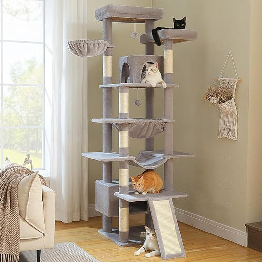 81 Inches Tall Cat Tree for Indoor Cats Large Adult - Heavy Duty Multi-Level Cat Tower with Large Metal Frame Hammock, Scratching Pad, 2 Top Perches, 2 Cozy Condos & 6 Scratching Posts - Gray-PawvioPets