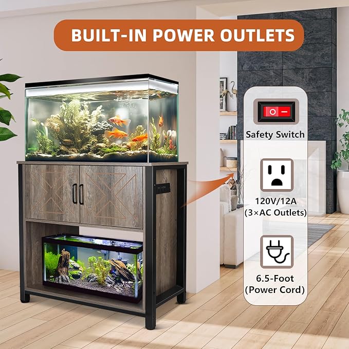 40 Gallon Aquarium Stand with Cabinet & Power Outlets, Heavy Duty Metal Stand for 40-50 Gallon Breeder & Turtle Tanks, Double Terrarium Stand, 660LBS Capacity, Grey-PawvioPets