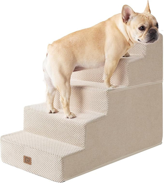 EHEYCIGA Dog Stairs for High Bed 22.5" H, 5-Step Dog Steps for Bed, Pet Steps for Small Dogs and Cats, Non-Slip Balanced Pet Ramp Indoor, Beige-PawvioPets
