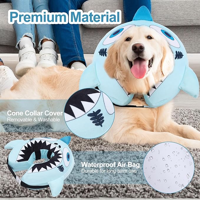 CuteBone Big Shark Inflatable Dog Cone with Removable Soft Fleece Covers for Small/Medium/Large Dogs and Cats Neck Donut Collar After Surgery GWB12L-PawvioPets