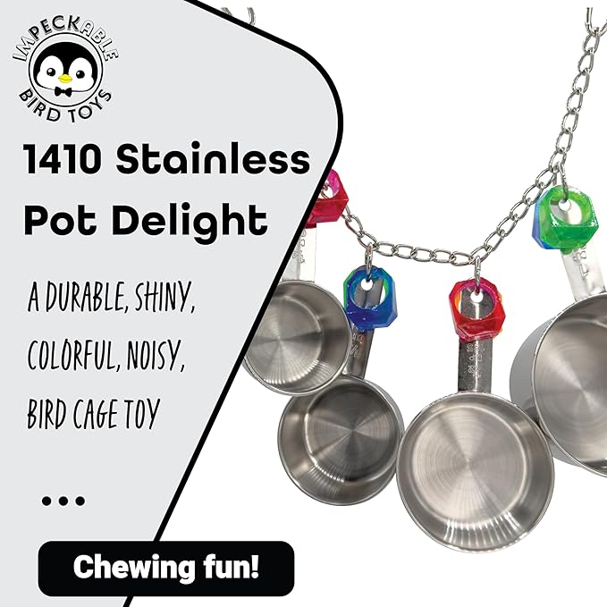 1410 Stainless Pot Delight from Parrots Cockatiels Conures Budgies Macaws Lovebirds African Greys Parrot Toys Stainless Foraging Chew Treat Noise-Making Fun Sensory Enrichment.-PawvioPets