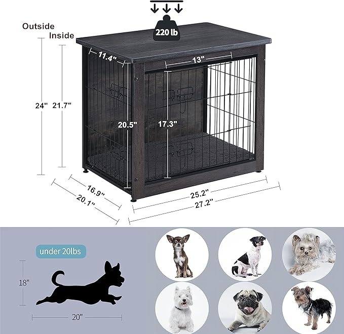 DWANTON Dog Crate Furniture with Cushion, Wooden Kennel Table with Double Doors, Indoor Dog House, Small/Medium/Large/Extra Large Size, 27.2" L, Dark Gray-PawvioPets