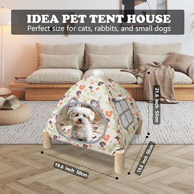 2-in-1 Elevated Cat Tent Cat House, Quick Assembly and Disassembly, Portable Indoor/Outdoor Cute Cat Bed Cave-Butterfly and Flower-PawvioPets