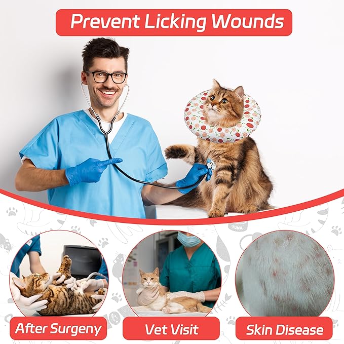Cat Cone Soft, Adjustable Recovery Collar for Small Medium Large Cats, Cute Donut E After Surgery, Anti-Lick Wound Healing Elizabethan for Kittens (Pink Cherry, Small)-PawvioPets