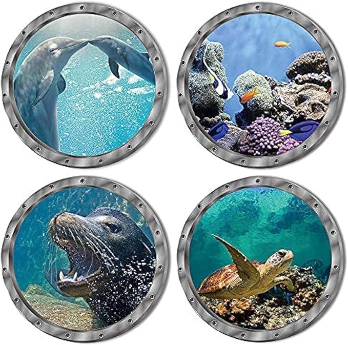 4 PCS Removable 3D Under The Sea Nature Scenery Wall Decals - Animals Wall Sticker Home Wall Art Decor for Bathroom Bedroom Door Kids Baby Nursery Room - Includes Turtles, Dolphins, Sea Lions, Coral-PawvioPets