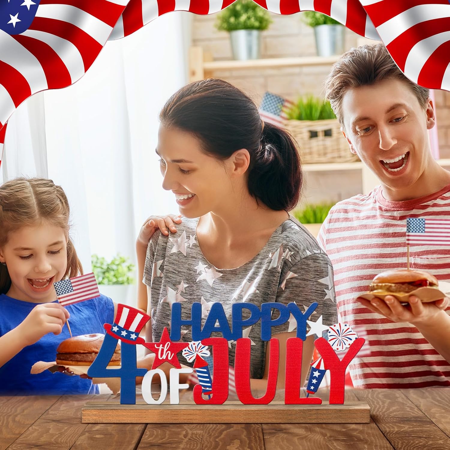 Happy 4th of July/Patriotic Metal Sign Rustic Table Decor Holiday Tiered Tray Decor with Wooden Base Freestanding Metal Word Sign for Home Tabletop Centerpiece Mantel Shelf Fireplace