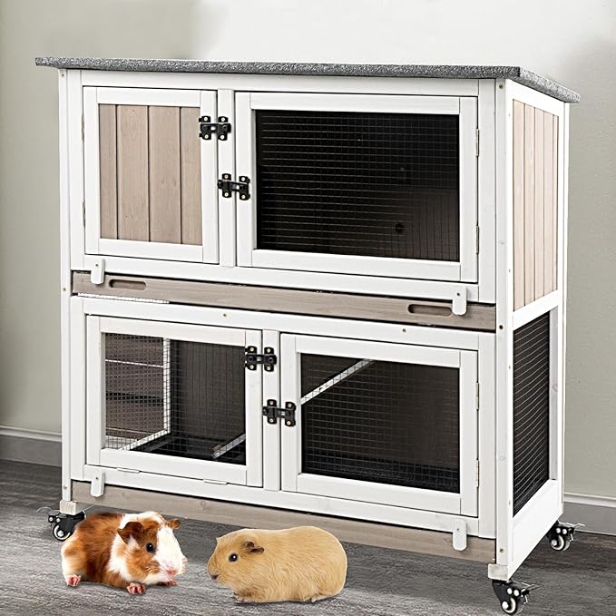 36" L Guinea Pig Cages Wooden, 2 Story Rabbit Cage Indoor Guinea Pig Habitat on 4 Metal Wheels and 2 Deeper Pull-Out Trays, Ramp, Leak Proof Guinea Pig Cages Indoor Small Animal Cage, Grey-PawvioPets