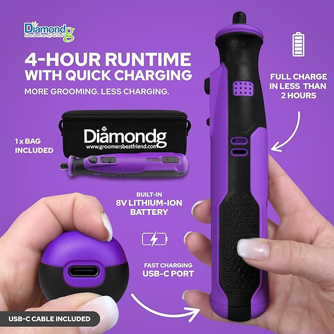 Diamondg Cordless Dog Nail Grinder with Quiet Sound & LED Tip for Large & Small Dogs, 4hrs. Runtime, 2 Bits Included, Purple-PawvioPets