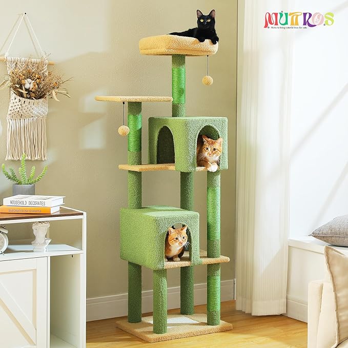 Cactus Cat Tree, 62-Inch Tall Multi-Level Cat Tower with Scratching Posts, Cat Condos for Large Indoor Cats, Plush Cat Bed w/Padded Perches, Scratching Pad & 2 Green Pompoms, Green-PawvioPets