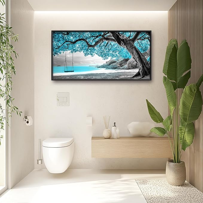 Extra Large Framed Abstract Tree Wall Art,Black and White Tree of Life Wall Decor,Blue Teal Sea Pictures for Living Room,Canvas Print Painting Modern Artwork Bedroom Office Bathroom 60L x 30W-PawvioPets