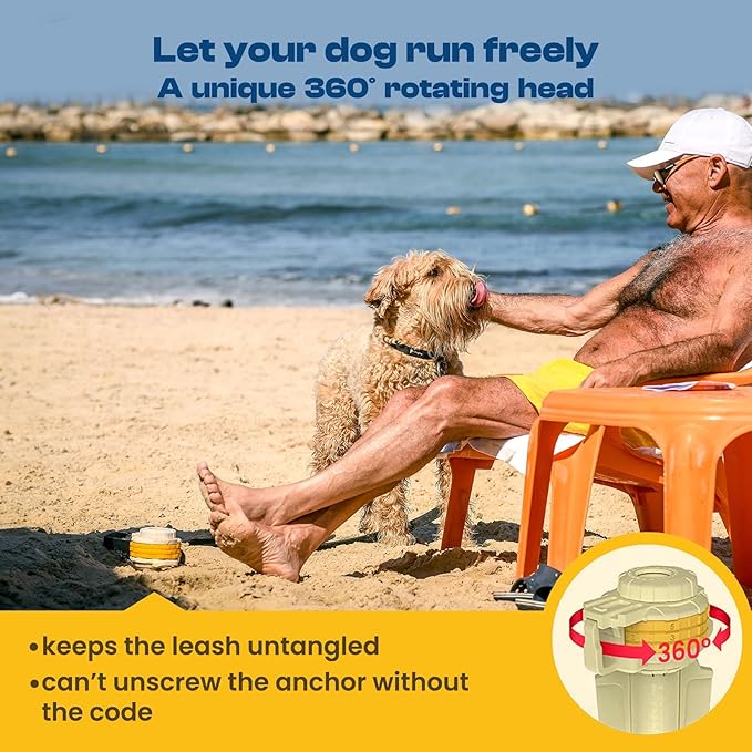 Diggo Dog Stake Beach Anchor - Dog Beach Essentials for All Dog Sizes - Unique 360° Head Rotating Combination Beach Lock System, Heavy Duty Tie Out Stake, Umbrella Sand Anchor, Designed for The Beach-PawvioPets