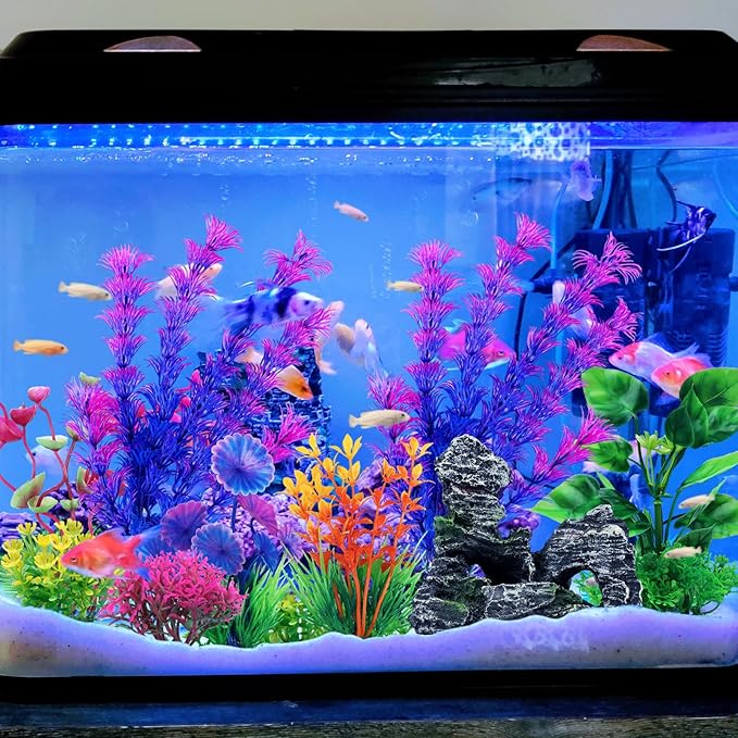 Fish Tank Accessories Aquarium Decorations Plants, 9pcs Colorful Fish Tank Artificial Plants and Cave Rock Decor Set, Aquarium Decor Plastic Plants-PawvioPets