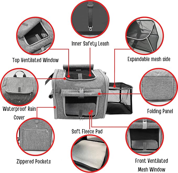 Dog Bike Basket, Expandable Soft-Sided Reflective Pet Carrier Backpack with 4 Open Doors, 4 Mesh Windows for Medium Small Dog Cat Puppies (Grey)-PawvioPets