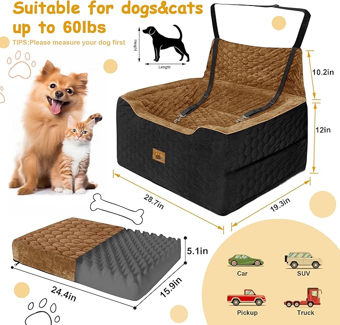 Dog Car Seat for Small/Medium Dogs, Memory Foam Dog Booster Seat, Travel Safety Per Car Seat with Washable Removable Cover, Storage Pockets for Dogs up to 35 lbs(BlackBrown)-PawvioPets