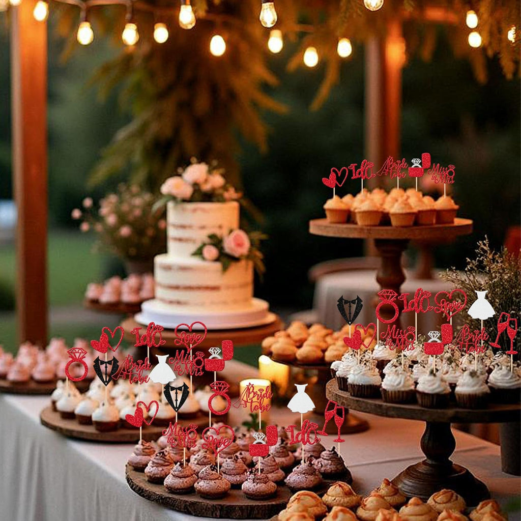 30 PCS Bride to Be Cupcake Toppers Glitter Miss to Mrs I Do Love Heart Ring Cupcake Picks Wedding Bridal Shower Cake Decorations for Wedding Engagement Bachelorette Party Supplies Red