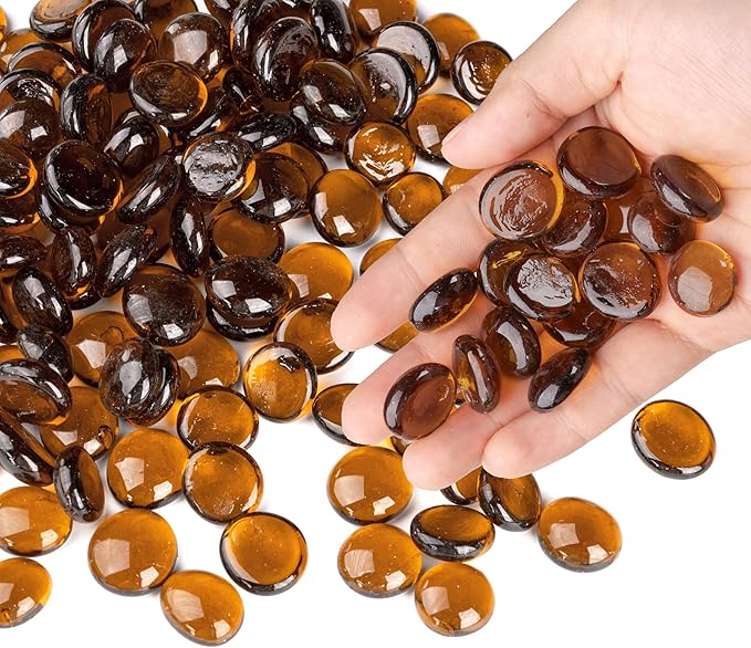 1LB Glass Marbles, Transparent and Smooth Flat Glass Beads for Vases, Mosaic Gem Pebbles for Aquarium Decor, Floral Arrangements, Mancala Stones, Vase Filler and Crafts, Brown-PawvioPets