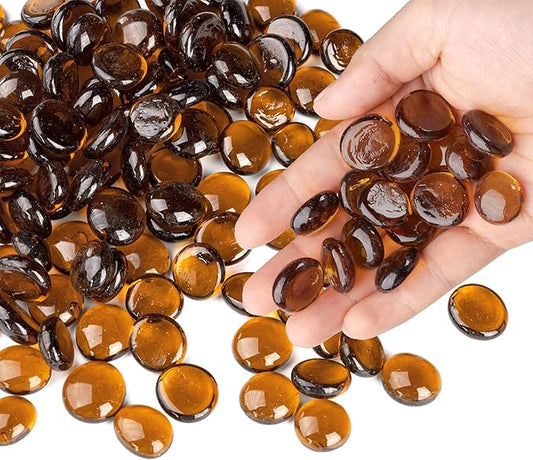 1LB Glass Marbles, Transparent and Smooth Flat Glass Beads for Vases, Mosaic Gem Pebbles for Aquarium Decor, Floral Arrangements, Mancala Stones, Vase Filler and Crafts, Brown-PawvioPets
