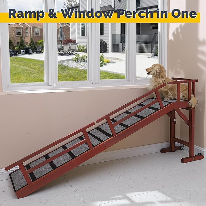 Dog Ramp for Bed or Couch, Wooden Pet Ramp with 20° Gentle Slope, Removable Side Rails, Non-Slip Surface, Top Platform & Wheels, Safe Bed Ramp for Small, Medium & Senior Dogs, 74" Long, Mahogany-PawvioPets