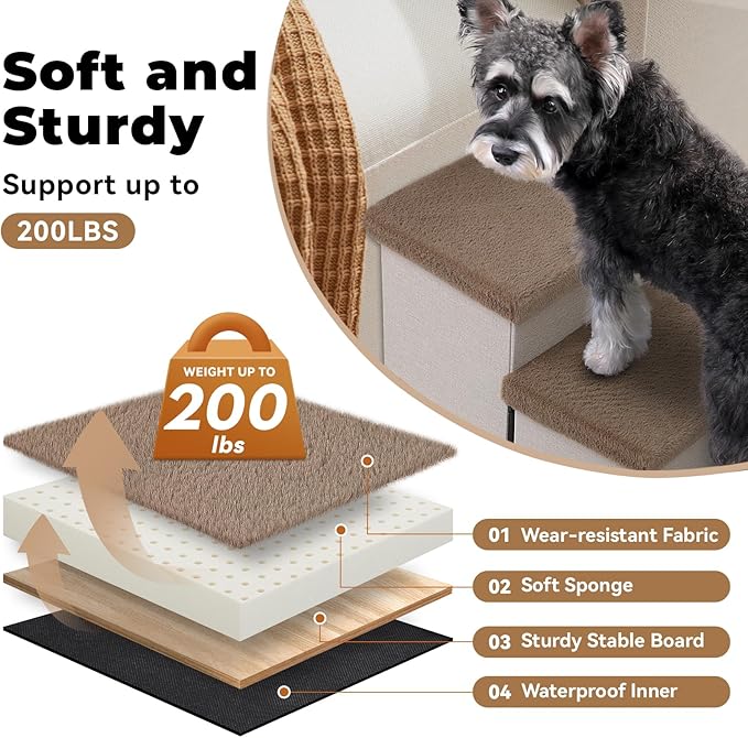 Dog Stairs with Furry Lids 18" H, 3-Step Wider Dog Steps with Storage for Small/Medium/Large Old Dogs Cats, Folding Sturdy Pet Stairs Climbing Bed Couch, Ramp for Car Up to 200 lbs, Khaki-PawvioPets