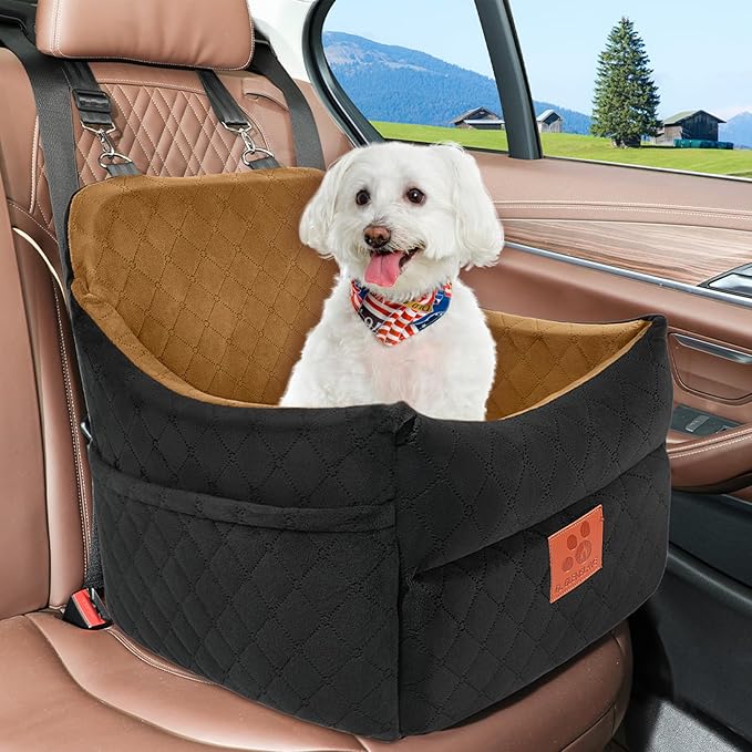 Dog Car Seat for Small/Medium Dogs, Dog Booster Car Seats with Thick Cushion for Dogs Under 35lbs, Detachable Washable Pet Car Seat with Storage Pockets, 2 Safety Belts(Black/Coffee)-PawvioPets