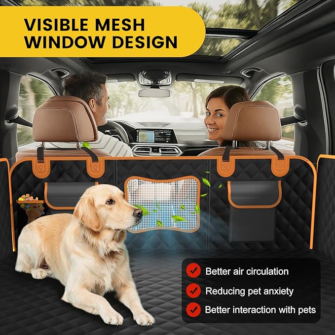 Back Seat Extender for Dogs - Holds 450lbs, Waterproof Dog Car Seat Cover for Back Seat with Hard Bottom for Cars SUVs Truck,Anti-Scratch No Slip Large Space Pet Backseat Protector,Black Orange-PawvioPets