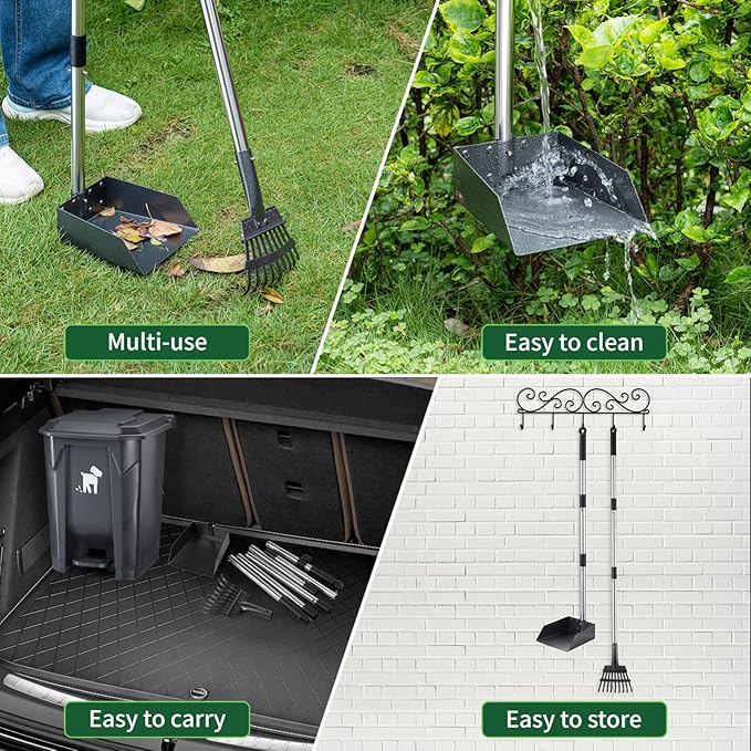 Dog Pooper Scooper, Dog Poop Trash Can Set with Removable Inner Bucket, Long Handle Rake, 150 Waste Bags, Easy Pick Up Poop Scooper, 20L Dog Poop Trash Bin for Small/Large Dog Families-PawvioPets