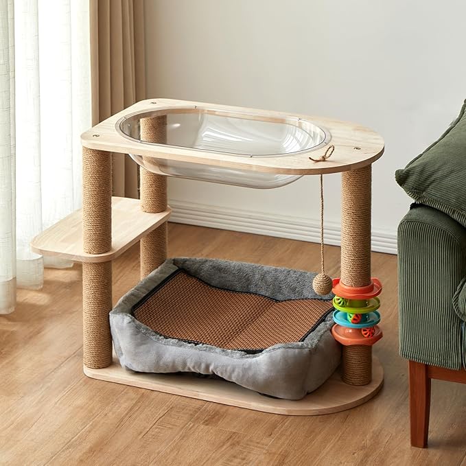 2 Tier Cat Tower,21.85 in cat Perch Wood cat condo with Hammock and Sisal Rope Scratcher Post Hanging Toy Balls for Indoor Large Cats Kittens (Grey)-PawvioPets