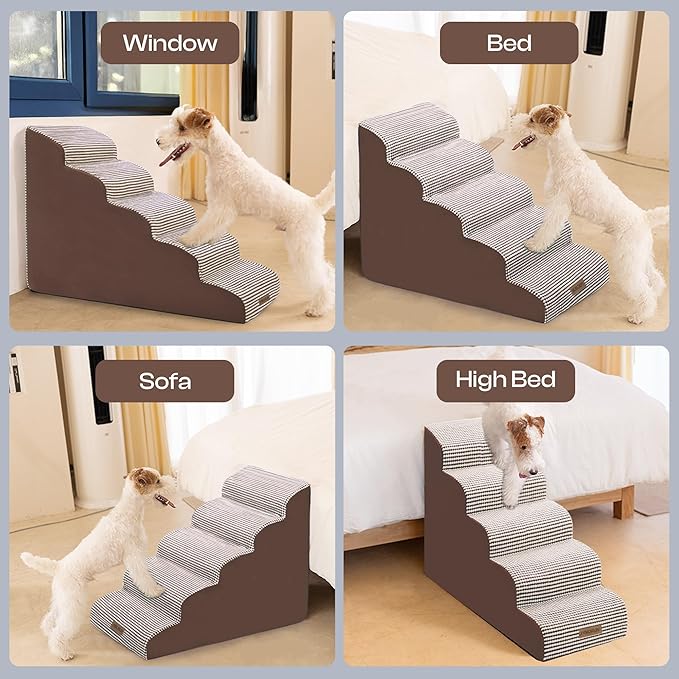 Curved Dog Stairs for High Bed Up to 26", 5-Step Dog Ramp for Small Dogs with Washable Cover, Non-Slip Steps for Cats to Get on Couch and Sofa, Durable Foam Ladder for Medium Breeds, White Coffee-PawvioPets