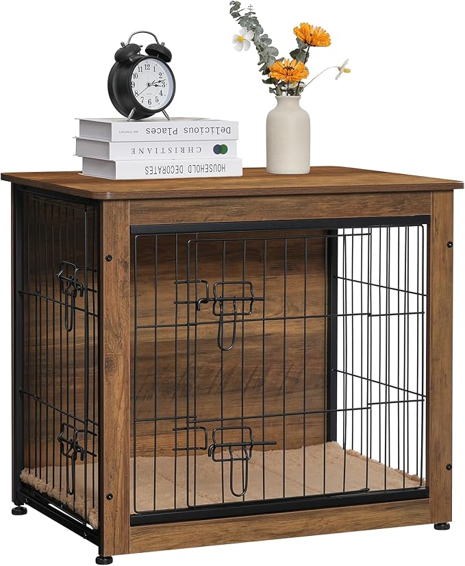 DWANTON Dog Crate Furniture with Cushion, Wooden Kennel Table with Double Doors, Indoor Dog House, Small/Medium/Large Size, 27.2" L, Warm Brown-PawvioPets