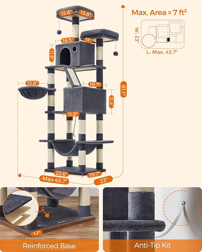 Feandrea Cat Tree, 81.1-Inch Large Cat Tower with 13 Scratching Posts, 2 Perches, 2 Caves, Basket, Hammock, Pompoms, Multi-Level Plush Cat Condo for Indoor Cats, Smoky Gray UPCT190G01-PawvioPets