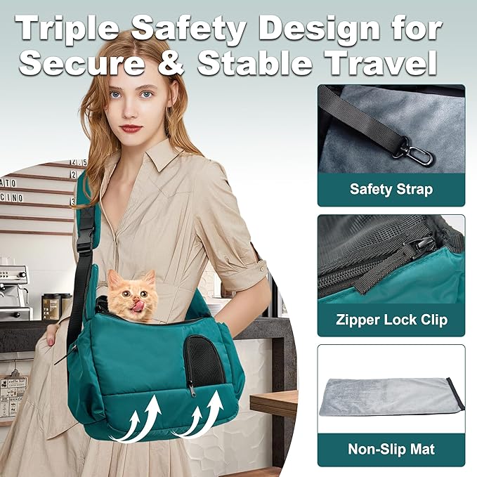 Dog Sling Carrier for Small Pets, Hands-Free Cat Carrier Pouch up to 8.8 lb, Cat Sling with Safety Strap and Pockets, Ideal for Travel and Daily Use, Peacock Blue-PawvioPets