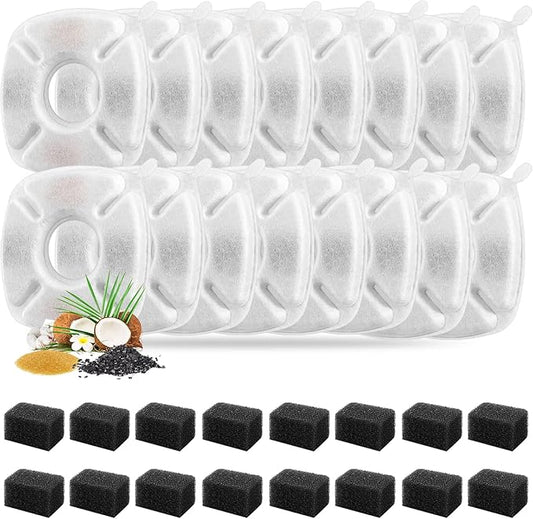 32 Pcs Cat Fountain Replacement Filters 16 Pack Cat Water Fountain Replacement Filters with 16 Pack Pre-Filter Sponges, Pet Fountain Filter Fit for 95oz/2.8L Automatic Pet Fountain Cat Water Fountain-PawvioPets