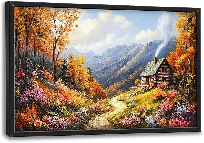 Framed Large Autumn Mountain Wall Art for Living Room, Oversized Wildflower Tree Wall Decor Nature Landscape Canvas Painting Modern Artwork Home Decoration for Living Room Bedroom 36"x24"-PawvioPets