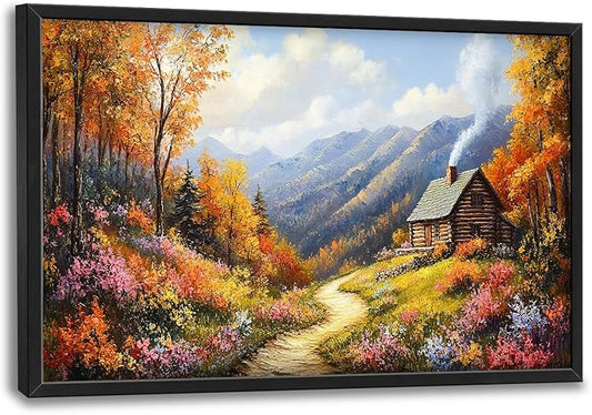 Framed Large Autumn Mountain Wall Art for Living Room, Oversized Wildflower Tree Wall Decor Nature Landscape Canvas Painting Modern Artwork Home Decoration for Living Room Bedroom 36"x24"-PawvioPets