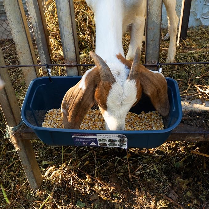 Goovilla Large Feed Trough, Hanging or Screw-in Fence Feeder with Clips, 2 Pack 9 Quart Goat Feeder Supplies, Dog Horse Hog Pig Livestock Poultry Plastic Feeder Trough Bucket for Large Animal, Blue-PawvioPets