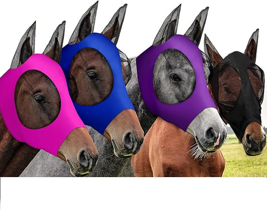 Frienda 4 Pcs Horse Fly Masks with Ears Head Fly Masks for Horses Smooth Elastic UV Protection Cover from Summer Insect Pests(Medium,Purple, Blue, Pink, Black)-PawvioPets