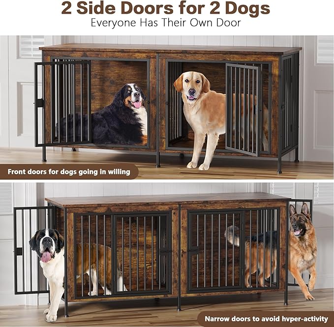 EasyCom 78 Inch Dog Crate Furniture for 2 Dogs, Extra Large Double Dog Cage Large Breed, XXL Thick Wooden Dog Crate TV Stand, Sturdy Dog Kennel with Divider-PawvioPets