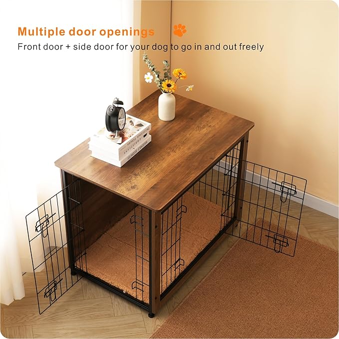 DWANTON Dog Crate Furniture with Cushion, Wooden Kennel Table with Double Doors, Indoor Dog House, Medium Size, 32.5" L, Warm Brown-PawvioPets
