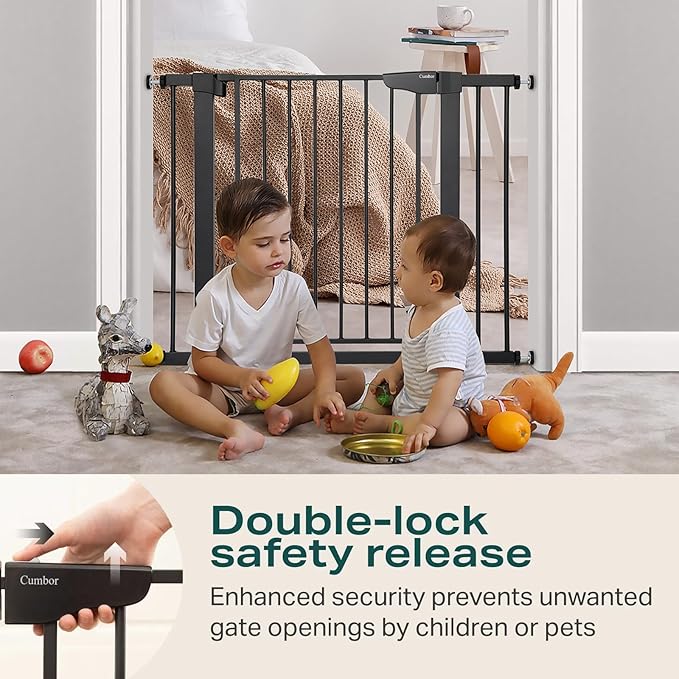 Cumbor 29.7-40.6" Baby Gate for Stairs, Baby Essential Safety Gate, Mom's Choice Awards Winner-Dog Gate for Doorways, Pressure Mounted Auto-Close Pet Gates for Dogs Indoor, Durable Child Gate, Black-PawvioPets