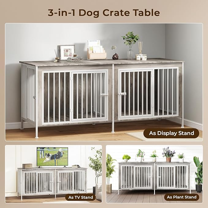 78 Inch Dog Cage Furniture for 2 Large/Medium Dogs with Removable Divider, Extra Large Double Doors Dog Kennel, XXL Thick Wooden Dog cage Furniture, Durable and Sturdy, Beige-PawvioPets