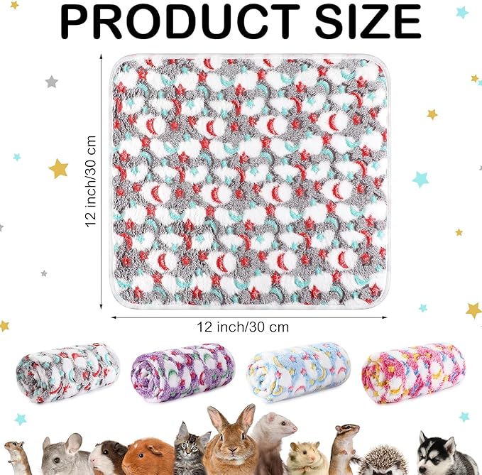 4 Pcs Waterproof Guinea Pig Blankets Washable Small Animal Fleece Bedding Absorbent Guinea Pig Cage Liners Reusable Pet Pee Pad Sleep Mat Pad Cover for Hamster Ferret (Moon Star Pattern,12 x 12 Inch)-PawvioPets
