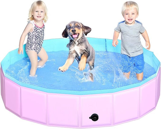 2025 Updated Foldable Dog Pool, 55" x 12" Kiddie Pool with Hard Plastic, Non-Slip Dog Bath Tub for Outdoor Backyard, Collapsible Dog Swimming Pool for Kids Dogs Pets (Pink)-PawvioPets