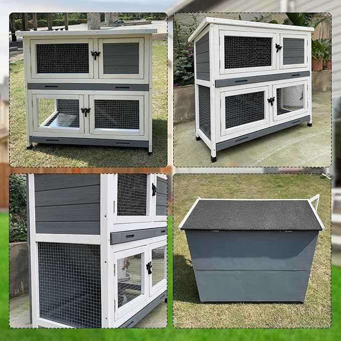2 Story Solid Wood Rabbit/Bunny Hutch with 2 Large Main Rooms, Indoor Outdoor Rabbit House Guinea Pig Cage Pet House for Small Animals with Ventilation Door Removable Tray Waterproof Roof (Grey)-PawvioPets