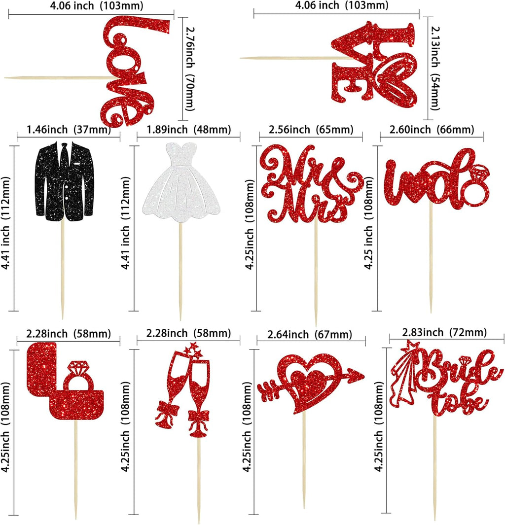 Ephlyn 30Pcs Bride to be Cupcake Toppers Glitter Wedding Cake Topper Decorations I Do Love Heart Ring Cupcake Picks for Bridal Shower Wedding Engagement Party Supplies Red
