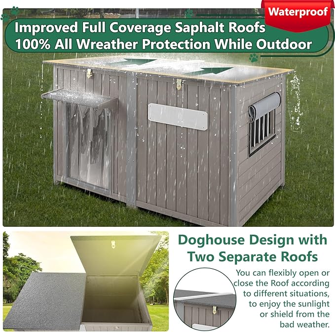 55" Extra Large Outdoor Dog House Weatherproof Wooden Doghouse Indoor for Large Breed Dogs with Anti Bite Frames with Window,10 Elevated Feet, Reinforced Bottom for Pet Up to 220LBS-PawvioPets