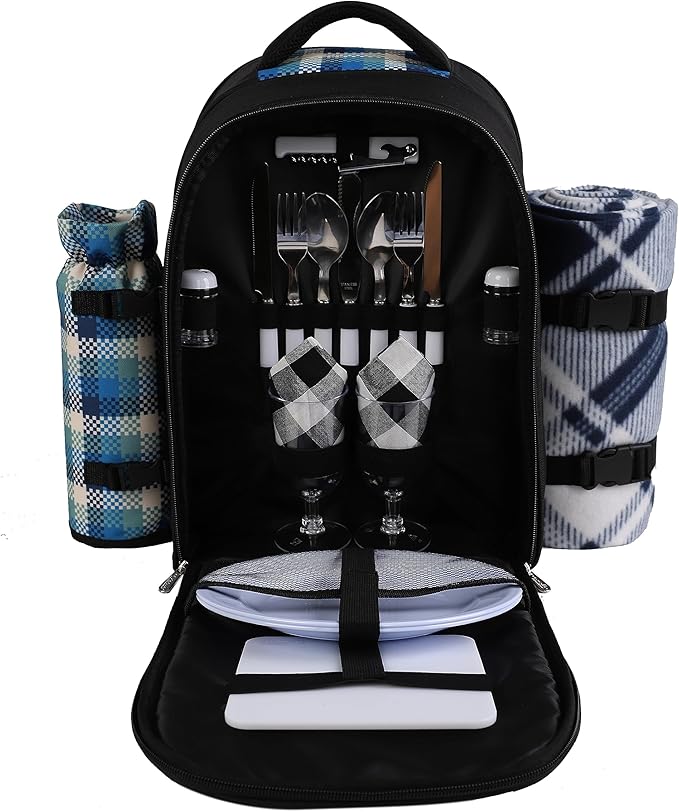 apollo walker Picnic Backpack Bag for 2 Person with Cooler Compartment, Detachable Bottle/Wine Holder, Fleece Blanket, Plates and Cutlery Set-PawvioPets