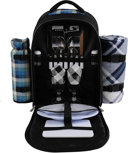 apollo walker Picnic Backpack Bag for 2 Person with Cooler Compartment, Detachable Bottle/Wine Holder, Fleece Blanket, Plates and Cutlery Set-PawvioPets