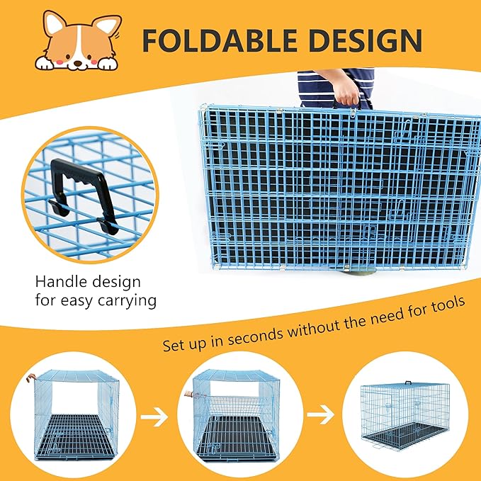 FDW Dog Crate for Medium Dogs 36 Inch Folding Metal WirePet Cage Double Door W/Divider Panel Indoor Outdoor Kennel Leak-Proof Plastic Tray,Blue-PawvioPets