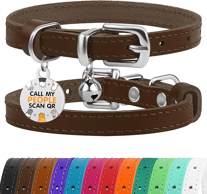 BRONZEDOG Leather Cat Collar with Removable Bells Non Breakaway Kitten QR Tag for Girl Boy (9" - 12" Cats/Mini Dogs, Brown & Silver)-PawvioPets
